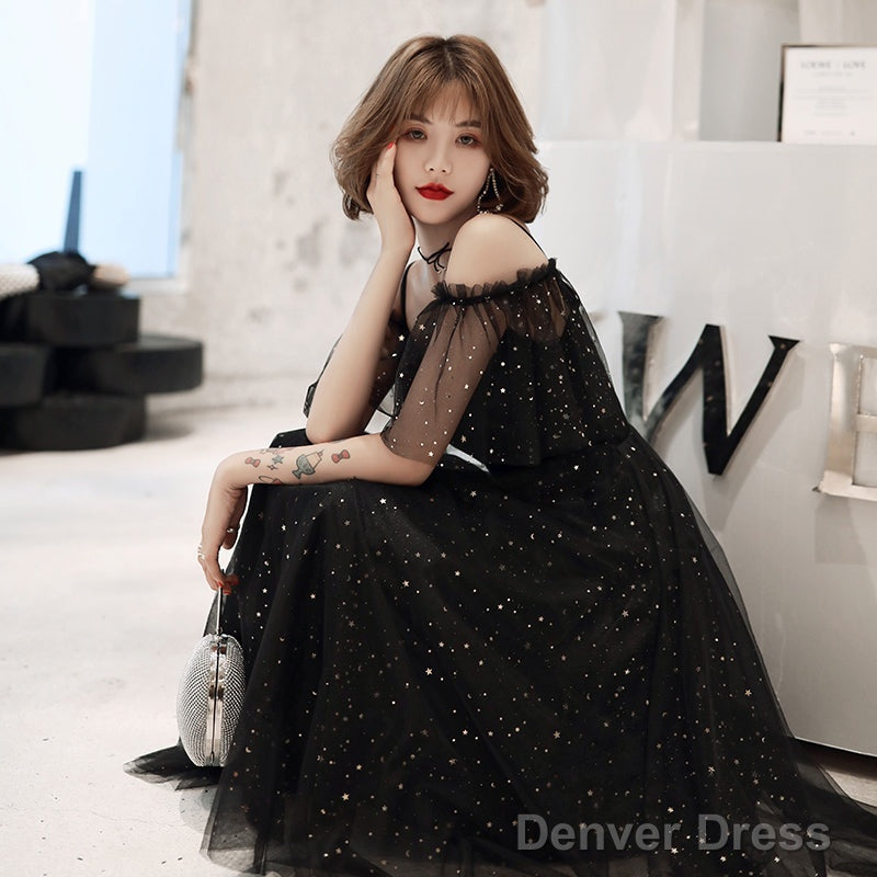 Shiny Black Off Shoulder Tea Length Prom Dress Prom Dress, Black Homecoming Dresses