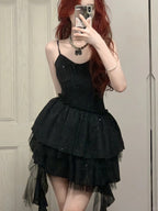 Shiny Black Spaghetti Strap Sequined Tulle Irregular Skirt 17Th Birthday Homecoming Dresses
