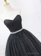 Shiny Black Sweetheart Tea Length Tulle Prom Dress, Black Prom Dress Homecoming Dresses