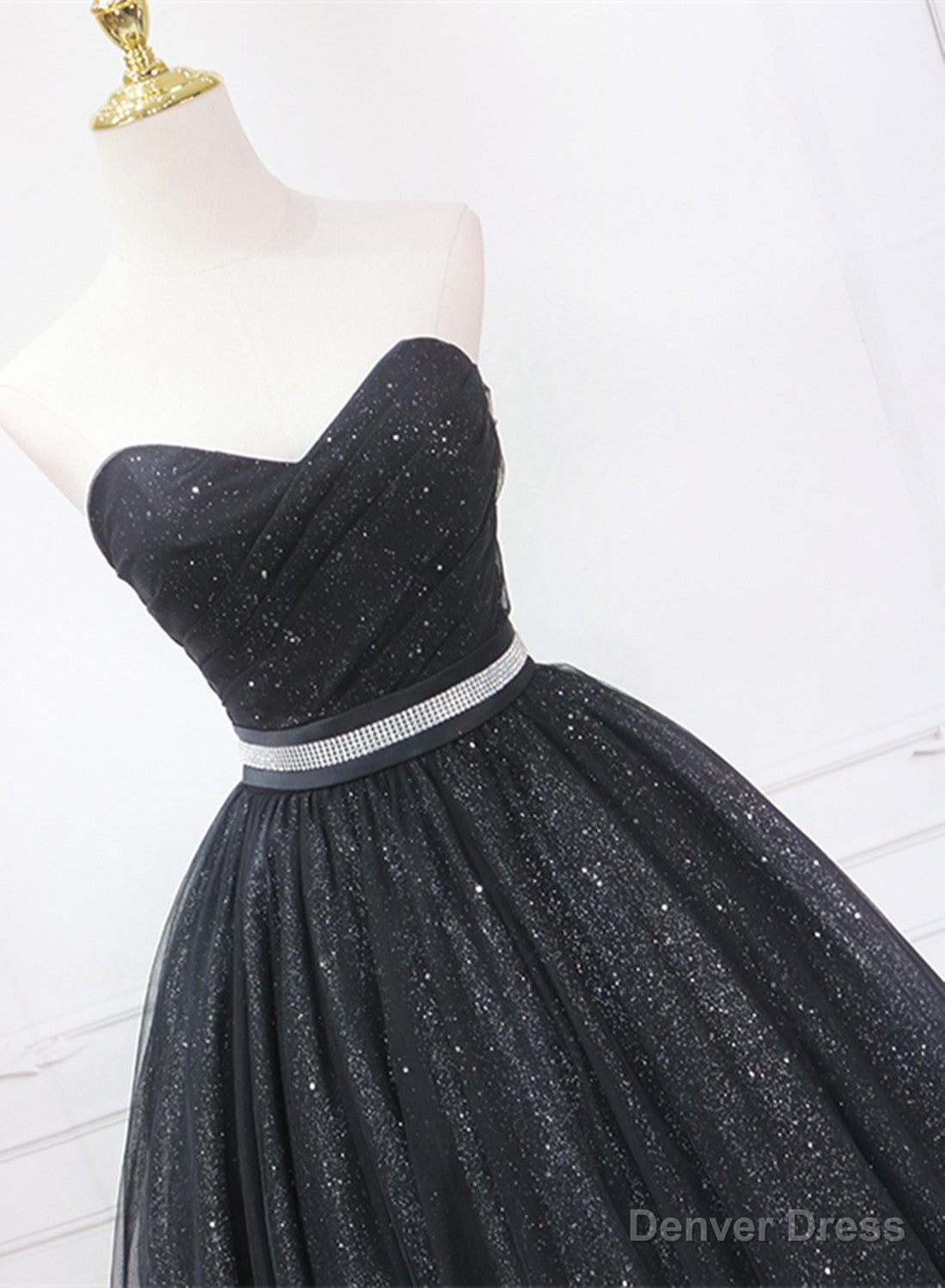 Shiny Black Sweetheart Tea Length Tulle Prom Dress, Black Prom Dress Homecoming Dresses