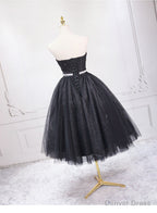 Shiny Black Sweetheart Tea Length Tulle Prom Dress, Black Prom Dress Homecoming Dresses