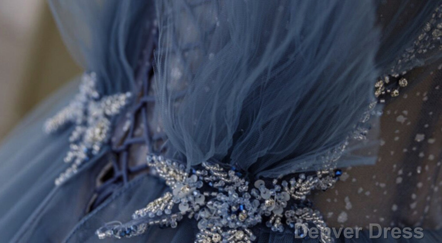 Shiny Blue Beaded Puffy Long Prom Dresses, Blue Beaded Long Formal Graduation Dresses