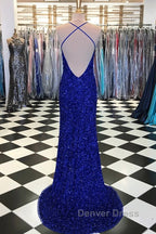 Shiny Blue Sequins Mermaid Backless Long Prom Dress with High Slit, Mermaid Blue Prom Dress, Blue Prom Dresses