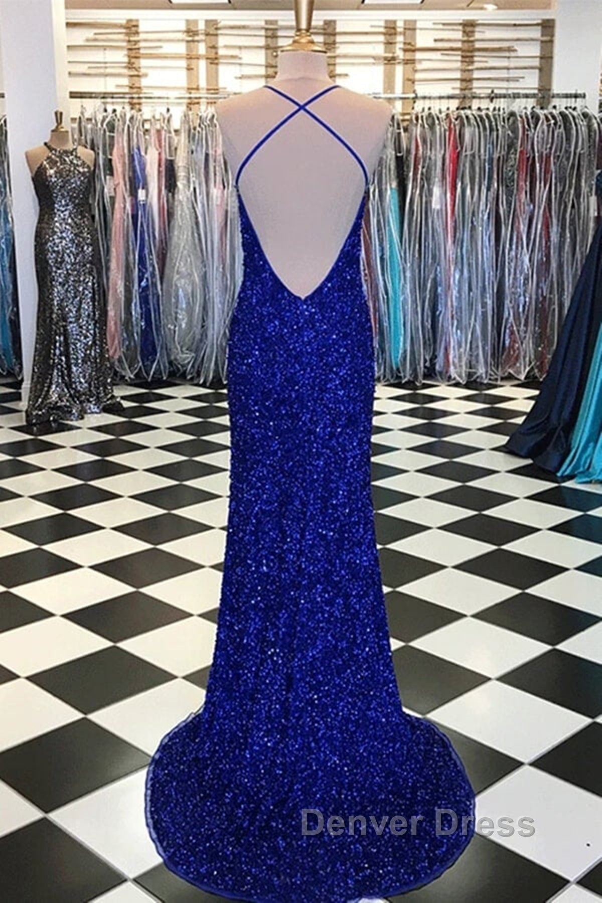 Shiny Blue Sequins Mermaid Backless Long Prom Dress with High Slit, Mermaid Blue Prom Dress, Blue Prom Dresses
