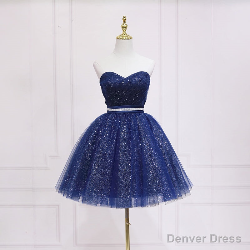 Shiny Blue Tulle Sweetheart Homecoming Dress Party Dress, Navy Blue Short Prom Dress Secondary image