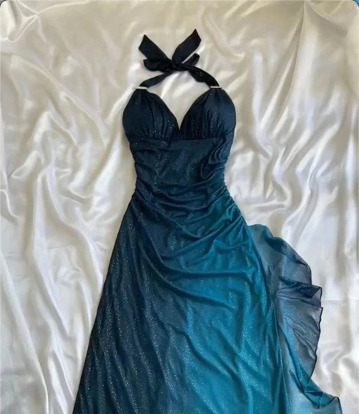 Shiny Chiffon Halter Sheath Prom Dresses For Prom&Birthday Elegant Blue Prom Gown Secondary image