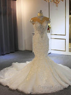 Shiny Crystal High Neck Floral Wedding Dresses Sheer Tulle Sleeveless Mermaid Bridal Gown
