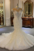 Shiny Crystal High Neck Floral Wedding Dresses Sheer Tulle Sleeveless Mermaid Bridal Gowns