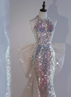 Shiny Dreamy Iridescent Gradient Mermaid Halter Neck Bow Sequin Long Prom Dresses Evening Dresses