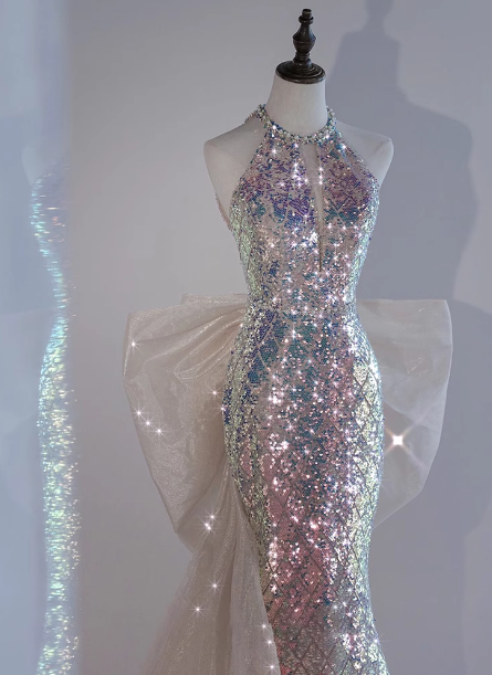 Shiny Dreamy Iridescent Gradient Mermaid Halter Neck Bow Sequin Long Prom Dresses Evening Dresses