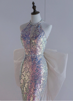 Shiny Dreamy Iridescent Gradient Mermaid Halter Neck Bow Sequin Long Prom Dresses Evening Dresses