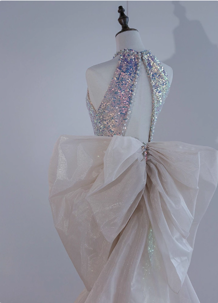 Shiny Dreamy Iridescent Gradient Mermaid Halter Neck Bow Sequin Long Prom Dresses Evening Dresses