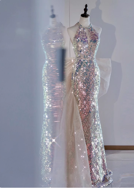Shiny Dreamy Iridescent Gradient Mermaid Halter Neck Bow Sequin Long Prom Dresses Evening Dresses