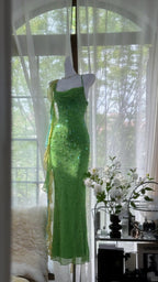 Shiny Full Beaded Heavy Green Mermaid Backless Evening Gown Prom Dresses