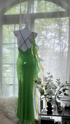 Shiny Full Beaded Heavy Green Mermaid Backless Evening Gown Prom Dresses