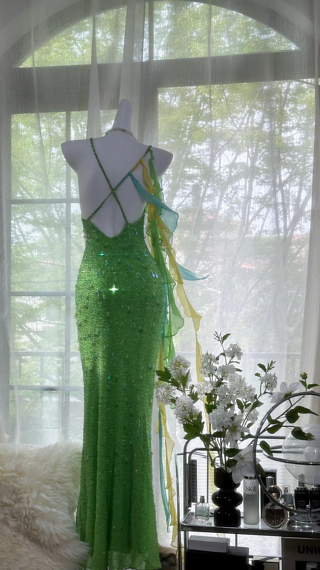 Shiny Full Beaded Heavy Green Mermaid Backless Evening Gown Prom Dresses