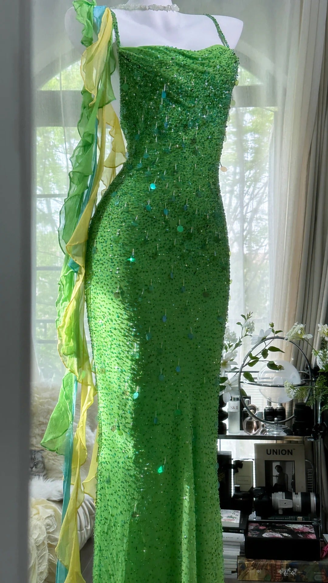Shiny Full Beaded Heavy Green Mermaid Backless Evening Gown Prom Dresses