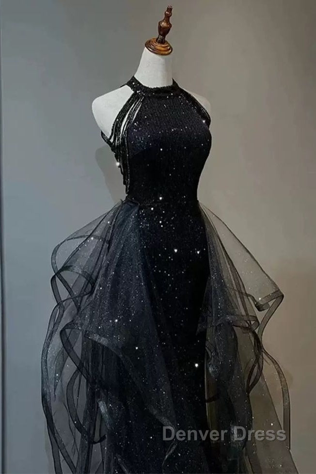 Shiny Halter Sequin Tulle Layered Long Prom Dresses Black Evening Dresses Wedding Dresses Secondary image