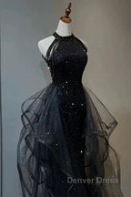Shiny Halter Sequin Tulle Layered Long Prom Dress Black Prom Dress Wedding Dresses