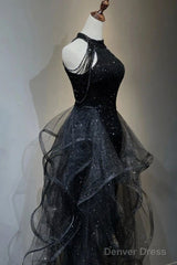 Shiny Halter Sequin Tulle Layered Long Prom Dress Black Evening Dress Wedding Dress