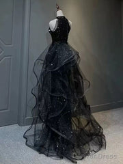 Shiny Halter Sequin Tulle Layered Long Prom Dress Black Evening Dress Wedding Dress
