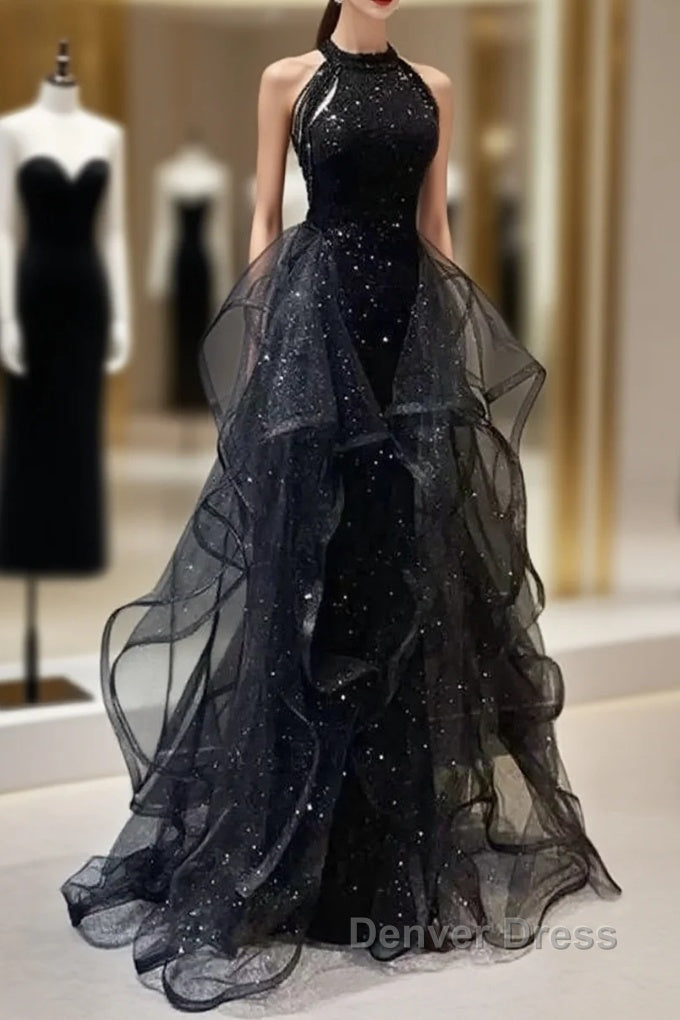 Shiny Halter Sequin Tulle Layered Long Prom Dress Black Prom Dress Wedding Dresses