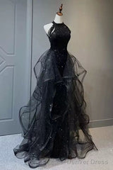 Shiny Halter Sequin Tulle Layered Long Prom Dress Black Evening Dress Wedding Dress