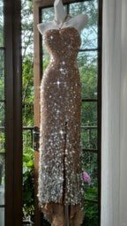 Shiny Halterneck Large Sequined Slit Mermaid Prom Dresses