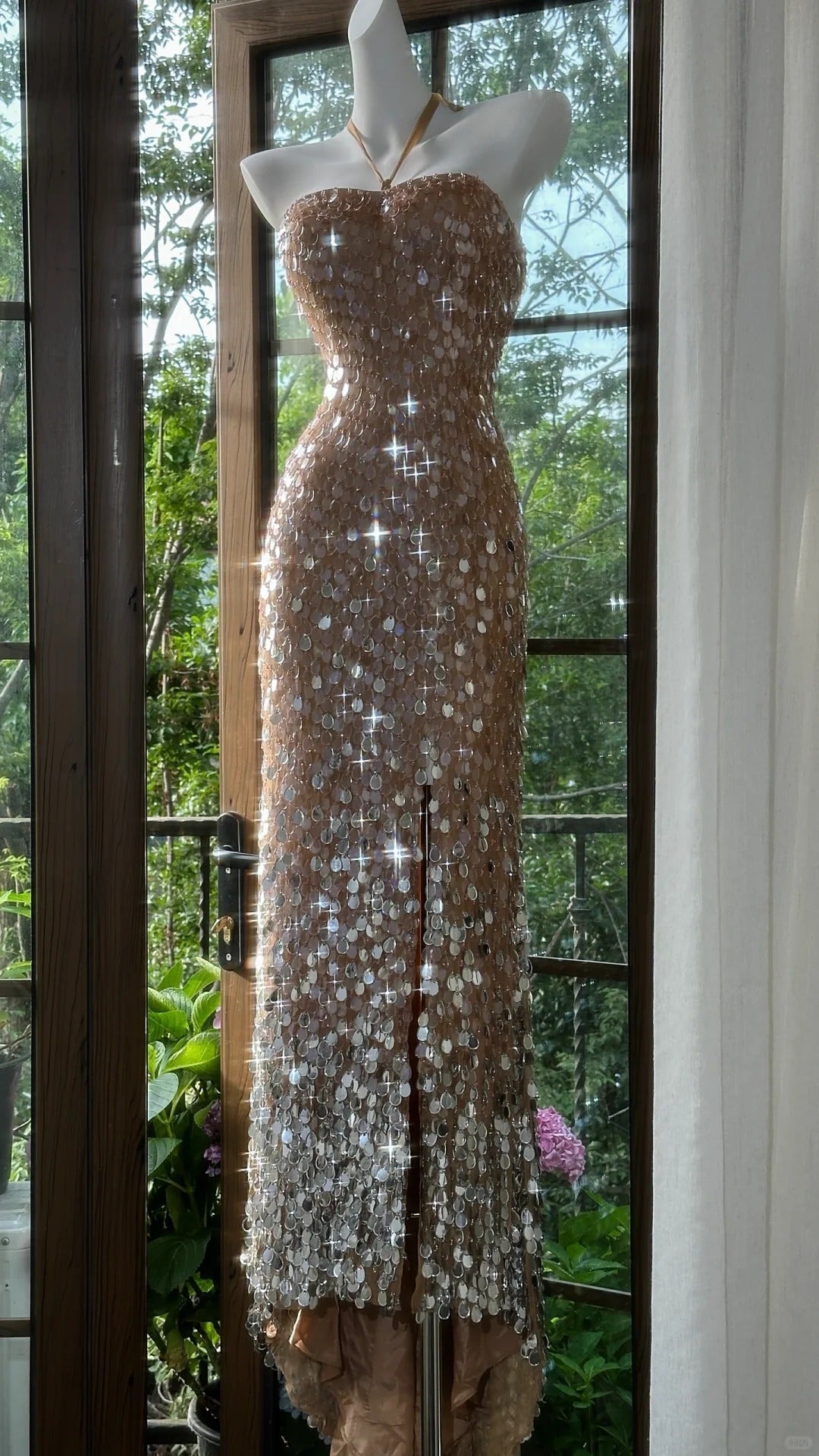 Shiny Halterneck Large Sequined Slit Mermaid Prom Dresses