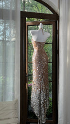 Shiny Halterneck Large Sequined Slit Mermaid Prom Dresses