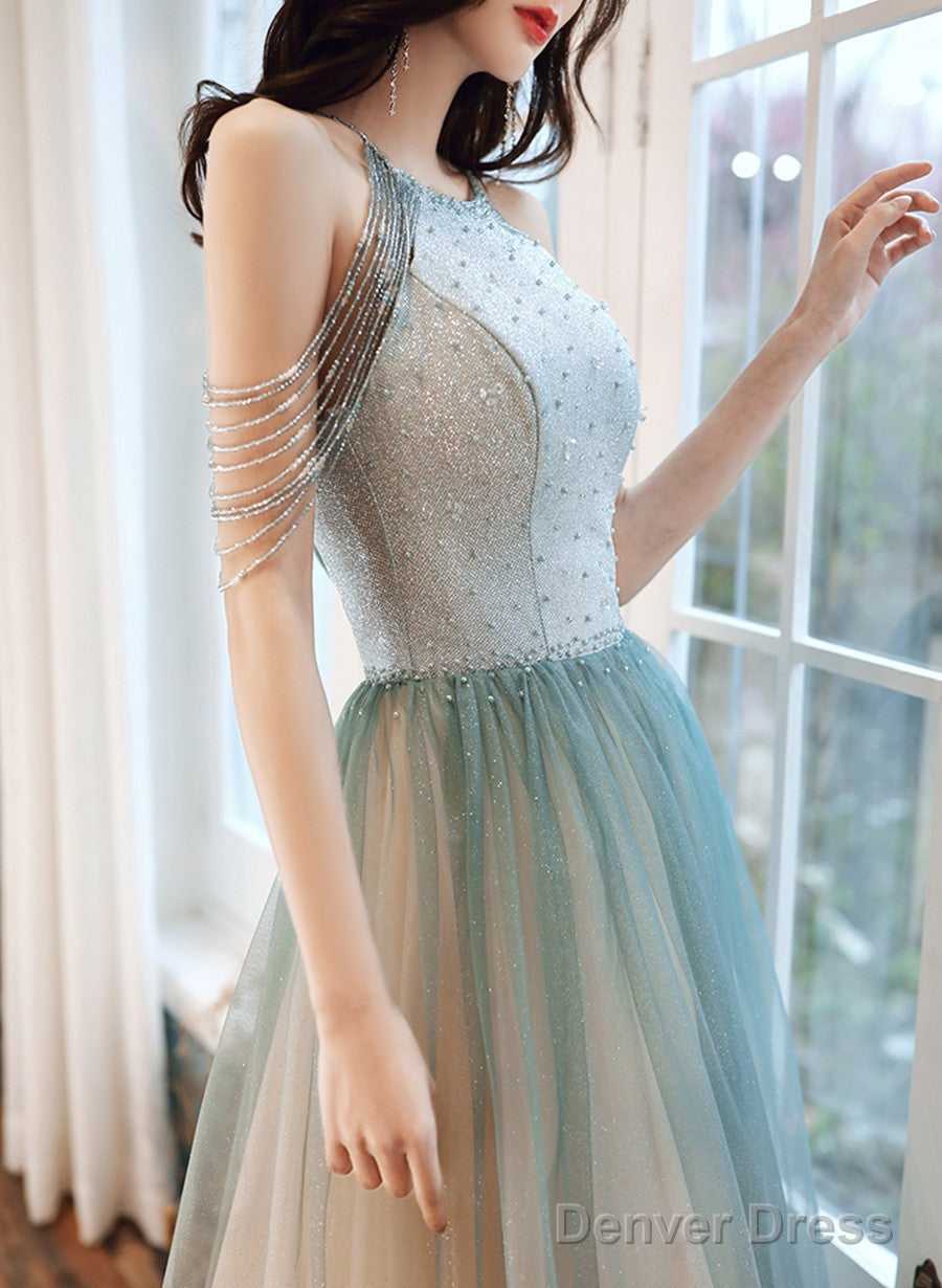 Shiny Light Green Tulle Long Halter Neckline Party Dress, A-Line Gradient Prom Dress Secondary image