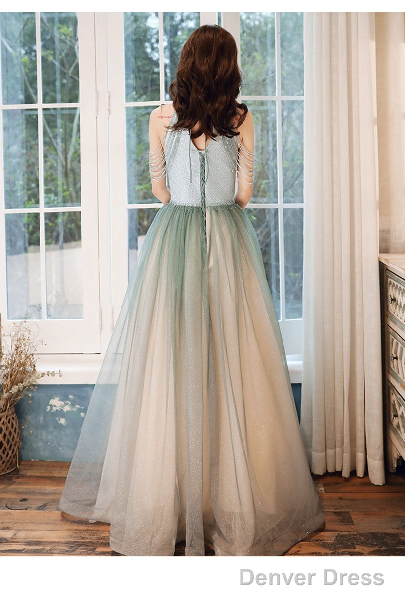 Shiny Light Green Tulle Long Halter Neckline Party Dress, A-Line Gradient Prom Dress