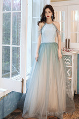 Shiny Light Green Tulle Long Halter Neckline Party Dress, A-Line Gradient Prom Dress