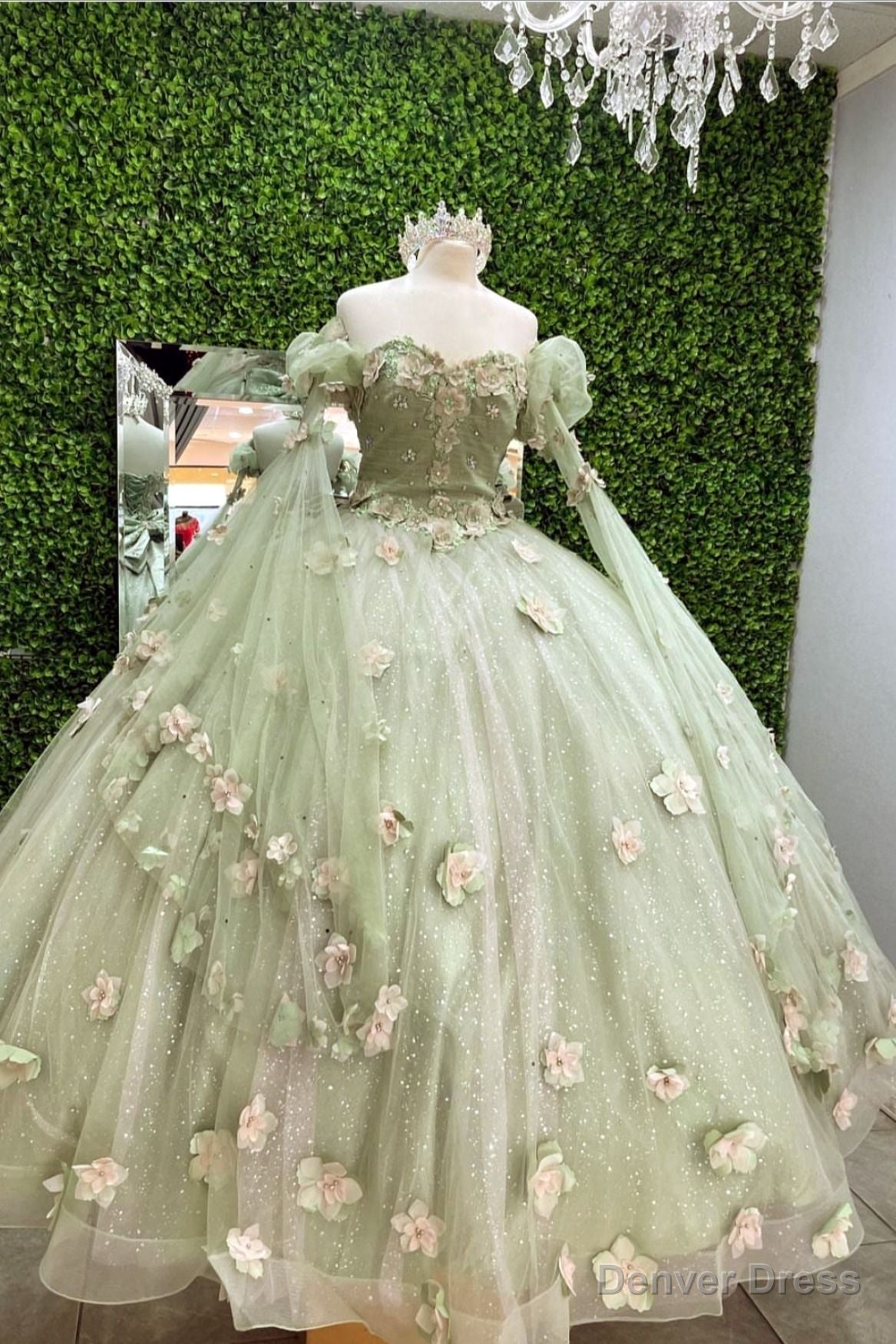 Shiny Light Sage Green Princess Dress with Flowers拢卢Light Sage Green Ball Gown,Sweet 16 Dress Main image