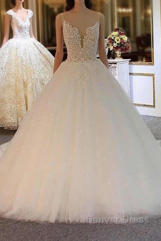 Shiny Long Ball Gown Sweetheart Spaghetti Strap Lace Tulle Wedding Dresses Main image