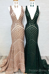 Shiny Mermaid Long V Neck Red Sequins Prom Dresses