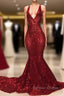 Shiny Mermaid Long V Neck Red Sequins Prom Dresses