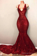 Shiny Mermaid Long V Neck Red Sequins Prom Dresses