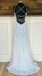 Shiny Mermaid Sequins Long White Prom Dresses V Neck Sleeveless Formal Dresses