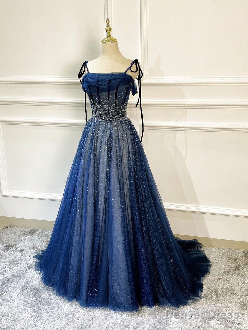 Shiny Navy Blue Tulle Straps Long Prom Dress Prom Dress, A Line Beaded Prom Dresses