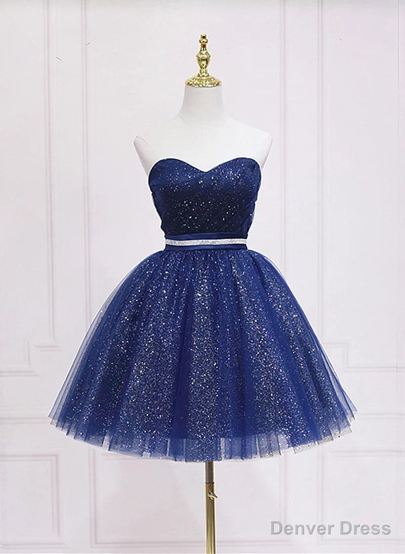 Shiny Navy Blue Tulle Sweetheart Homecoming Dress Blue Prom Dress prom dresses shops Main image