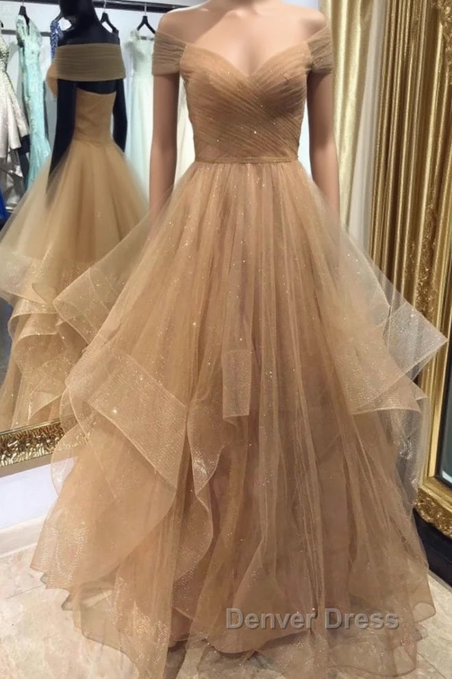 Shiny Off Shoulder Champagne Long Prom Dress, Off the Shoulder Champagne Prom Dress, Fluffy Champagne Prom Dresses Main image