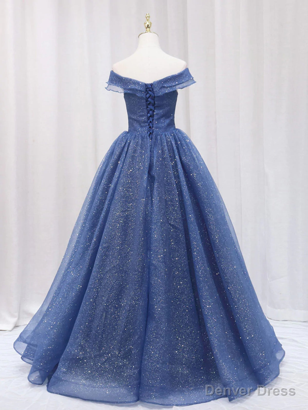 Shiny Off Shoulder Navy Blue Tulle Long Prom Dress, Navy Blue Prom Graduation Prom Dresses