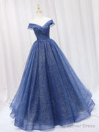 Shiny Off Shoulder Navy Blue Tulle Long Prom Dress, Navy Blue Prom Graduation Prom Dresses