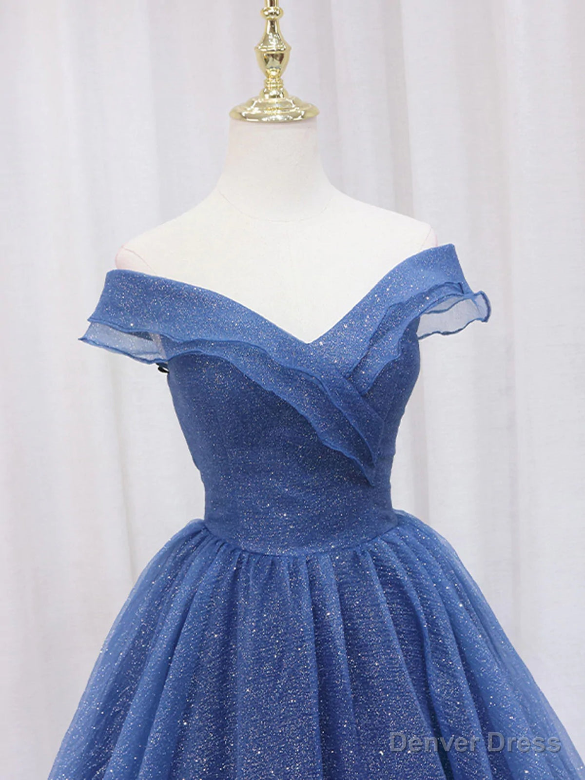 Shiny Off Shoulder Navy Blue Tulle Long Prom Dress, Navy Blue Prom Graduation Prom Dresses