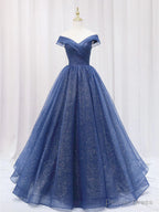 Shiny Off Shoulder Navy Blue Tulle Long Prom Dress, Navy Blue Prom Graduation Prom Dresses