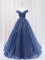 Shiny Off Shoulder Navy Blue Tulle Long Prom Dress, Navy Blue Prom Graduation Prom Dresses