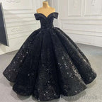 Shiny Off The Shoulder Black Prom Dresses, Shiny Off Shoulder Formal Evening Dresses