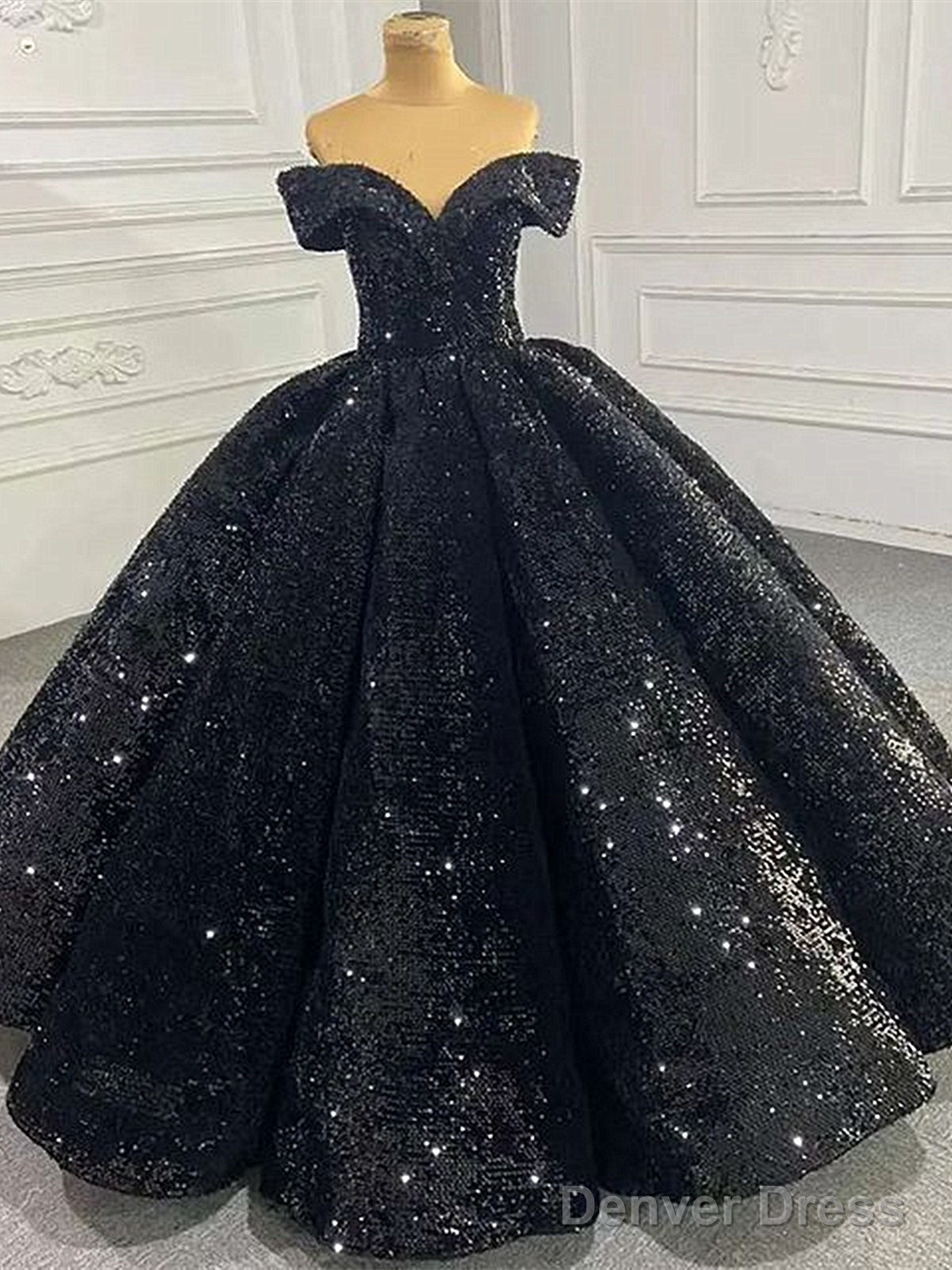 Shiny Off The Shoulder Black Prom Dresses, Shiny Off Shoulder Formal Evening Dresses Main image