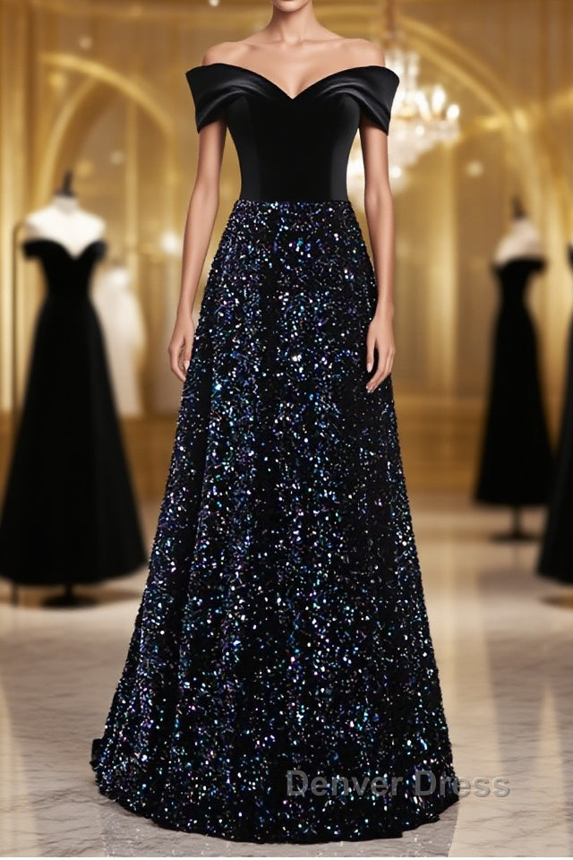 Shiny Off the Shoulder Black Prom Dress with Corset Back, Shiny Black Long Prom Dresses Main image